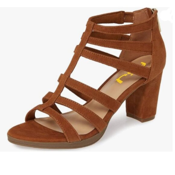 FSJ Brown Chunky High Heel Sandal Open Toe T-Strap Cutout Back Zipper Dress Shoe - Picture 1 of 8